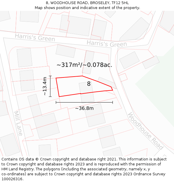 8, WOODHOUSE ROAD, BROSELEY, TF12 5HL: Plot and title map