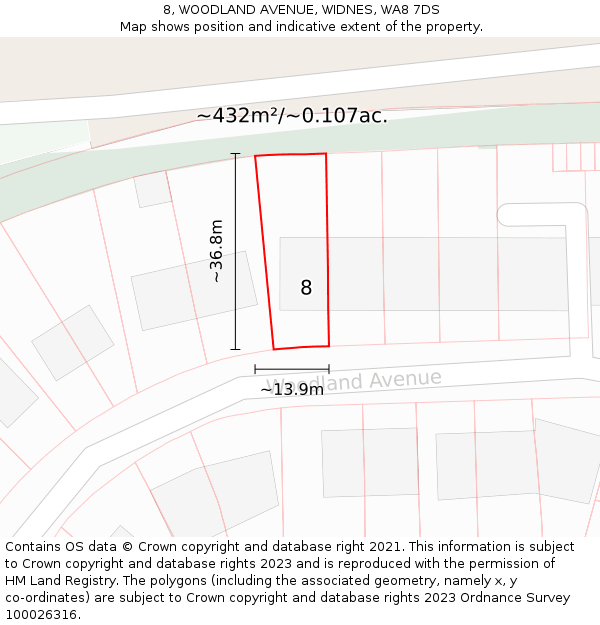 8, WOODLAND AVENUE, WIDNES, WA8 7DS: Plot and title map