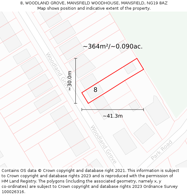 8, WOODLAND GROVE, MANSFIELD WOODHOUSE, MANSFIELD, NG19 8AZ: Plot and title map