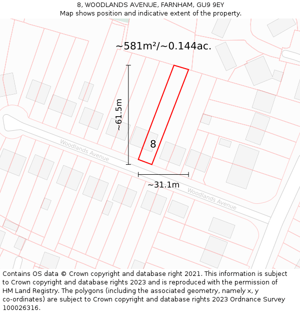 8, WOODLANDS AVENUE, FARNHAM, GU9 9EY: Plot and title map