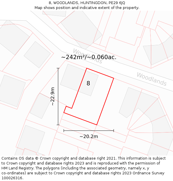 8, WOODLANDS, HUNTINGDON, PE29 6JQ: Plot and title map