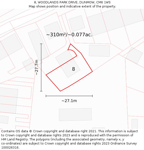 8, WOODLANDS PARK DRIVE, DUNMOW, CM6 1WS: Plot and title map