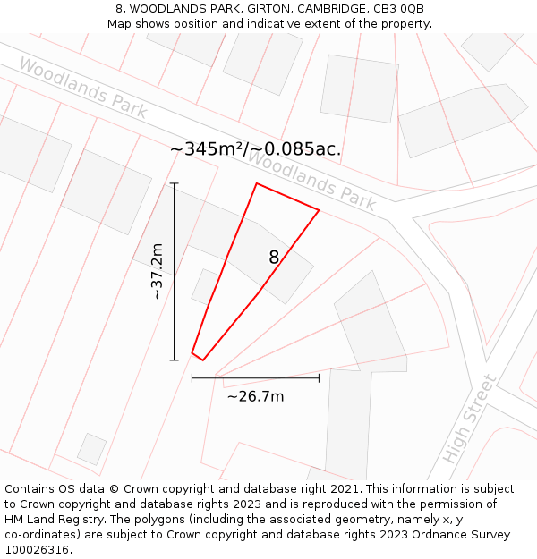 8, WOODLANDS PARK, GIRTON, CAMBRIDGE, CB3 0QB: Plot and title map