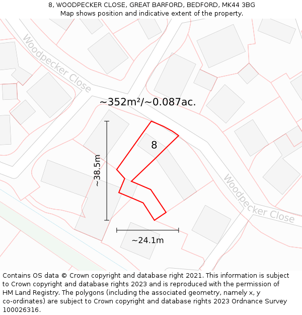 8, WOODPECKER CLOSE, GREAT BARFORD, BEDFORD, MK44 3BG: Plot and title map