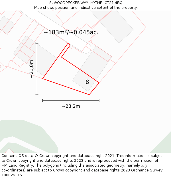 8, WOODPECKER WAY, HYTHE, CT21 4BQ: Plot and title map