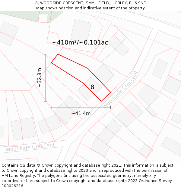 8, WOODSIDE CRESCENT, SMALLFIELD, HORLEY, RH6 9ND: Plot and title map