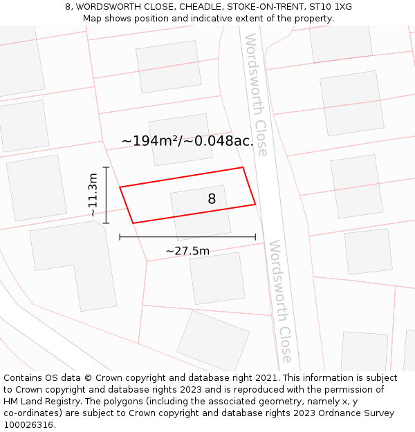 8, WORDSWORTH CLOSE, CHEADLE, STOKE-ON-TRENT, ST10 1XG: Plot and title map