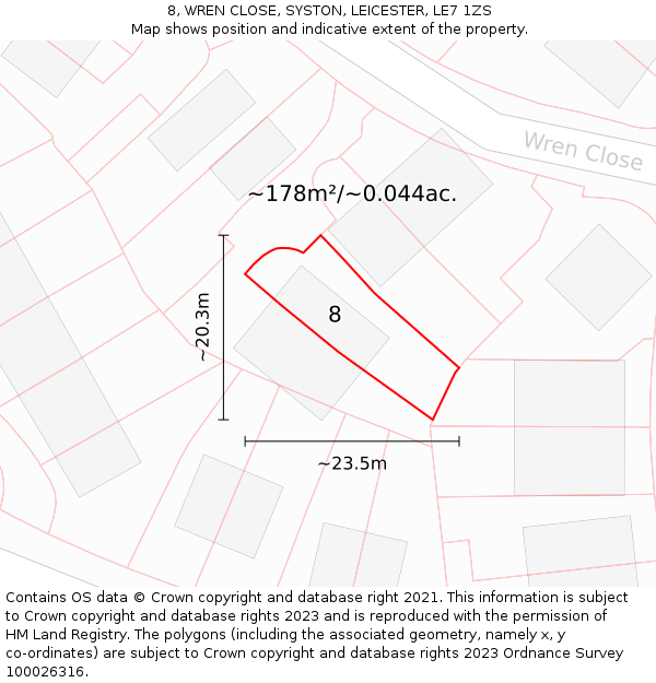 8, WREN CLOSE, SYSTON, LEICESTER, LE7 1ZS: Plot and title map