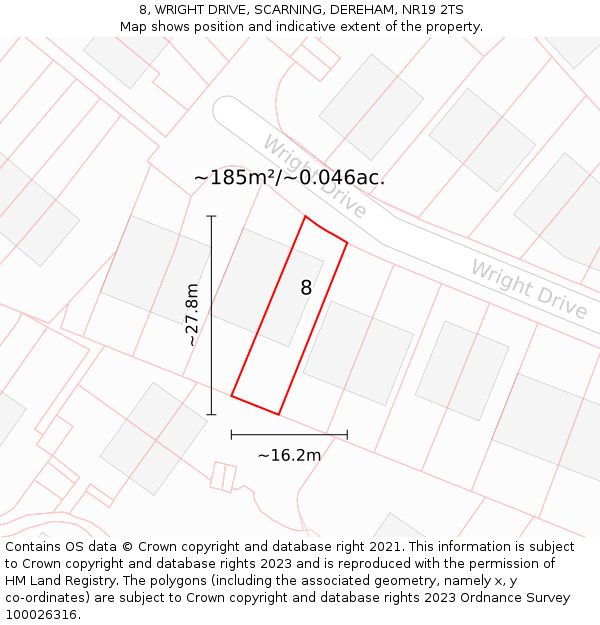 8, WRIGHT DRIVE, SCARNING, DEREHAM, NR19 2TS: Plot and title map