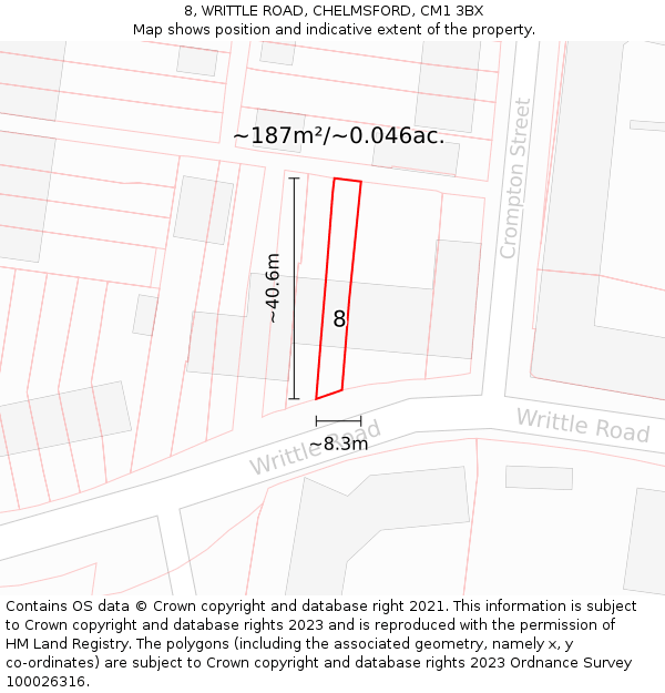 8, WRITTLE ROAD, CHELMSFORD, CM1 3BX: Plot and title map