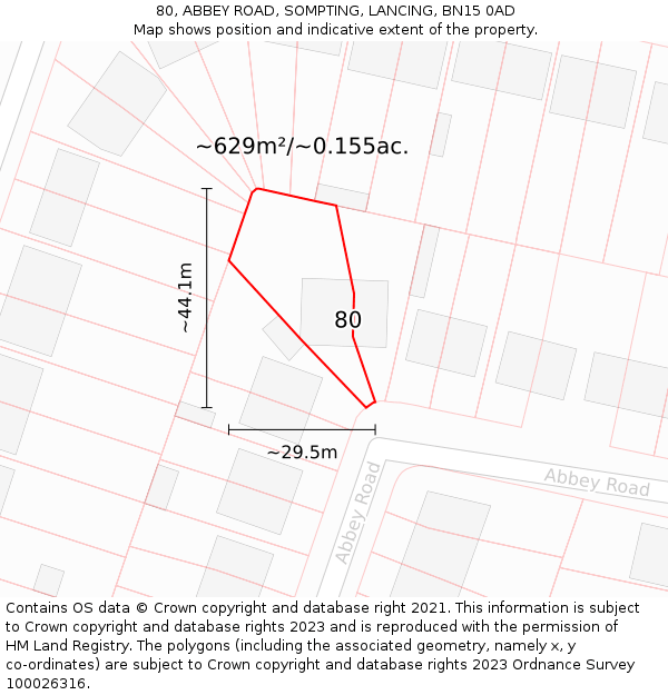 80, ABBEY ROAD, SOMPTING, LANCING, BN15 0AD: Plot and title map