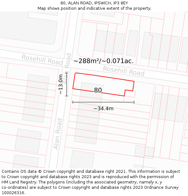 80, ALAN ROAD, IPSWICH, IP3 8EY: Plot and title map