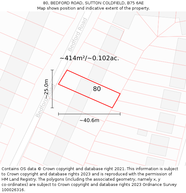 80, BEDFORD ROAD, SUTTON COLDFIELD, B75 6AE: Plot and title map