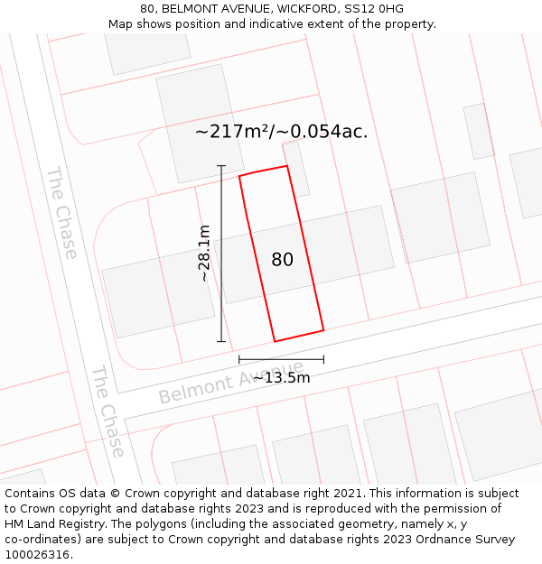 80, BELMONT AVENUE, WICKFORD, SS12 0HG: Plot and title map