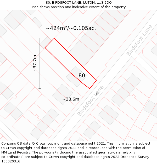 80, BIRDSFOOT LANE, LUTON, LU3 2DQ: Plot and title map