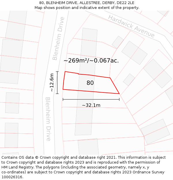 80, BLENHEIM DRIVE, ALLESTREE, DERBY, DE22 2LE: Plot and title map