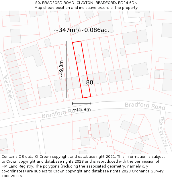 80, BRADFORD ROAD, CLAYTON, BRADFORD, BD14 6DN: Plot and title map