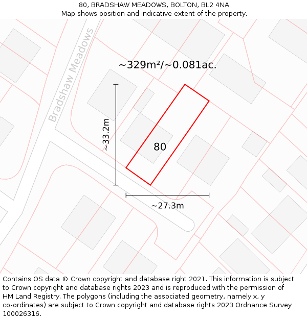 80, BRADSHAW MEADOWS, BOLTON, BL2 4NA: Plot and title map