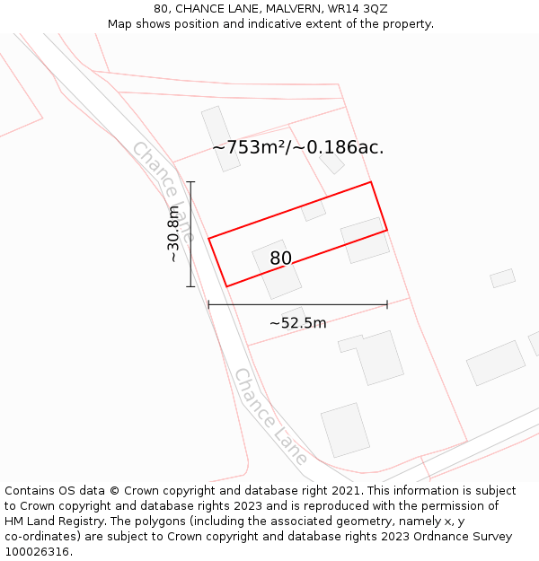 80, CHANCE LANE, MALVERN, WR14 3QZ: Plot and title map