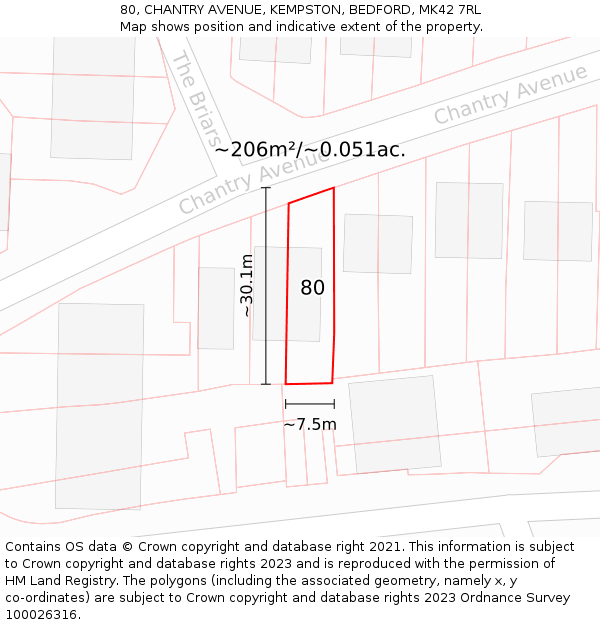 80, CHANTRY AVENUE, KEMPSTON, BEDFORD, MK42 7RL: Plot and title map