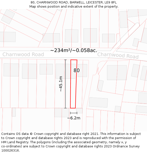 80, CHARNWOOD ROAD, BARWELL, LEICESTER, LE9 8FL: Plot and title map