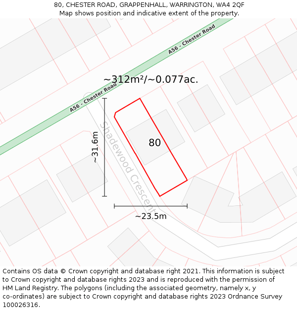 80, CHESTER ROAD, GRAPPENHALL, WARRINGTON, WA4 2QF: Plot and title map