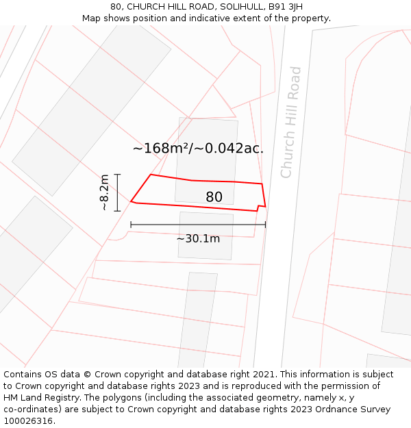 80, CHURCH HILL ROAD, SOLIHULL, B91 3JH: Plot and title map