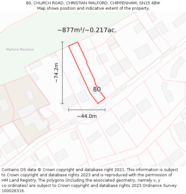 80, CHURCH ROAD, CHRISTIAN MALFORD, CHIPPENHAM, SN15 4BW: Plot and title map