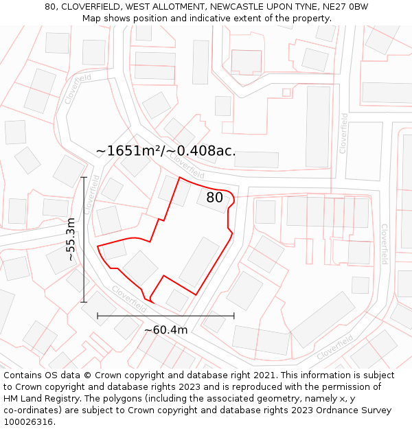 80, CLOVERFIELD, WEST ALLOTMENT, NEWCASTLE UPON TYNE, NE27 0BW: Plot and title map