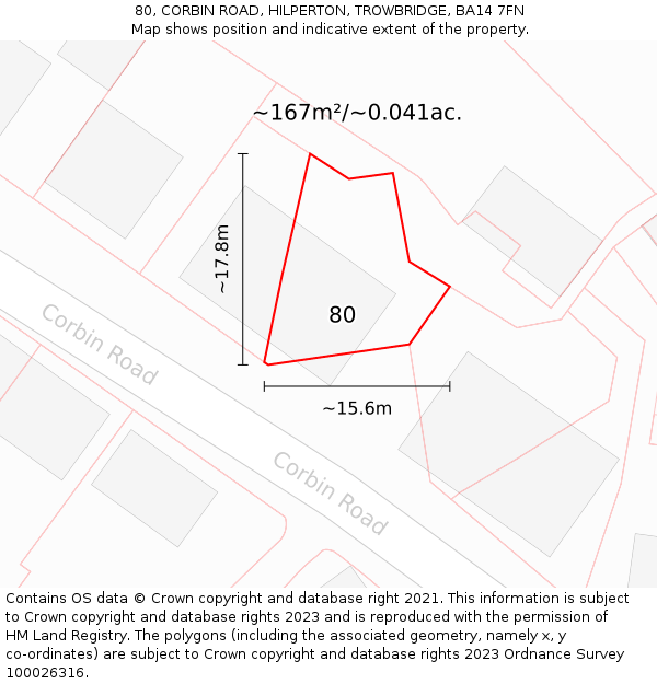 80, CORBIN ROAD, HILPERTON, TROWBRIDGE, BA14 7FN: Plot and title map