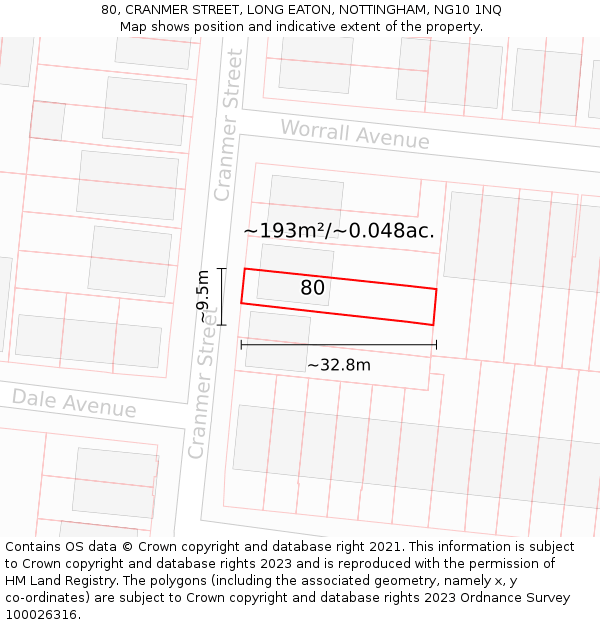 80, CRANMER STREET, LONG EATON, NOTTINGHAM, NG10 1NQ: Plot and title map