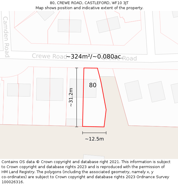 80, CREWE ROAD, CASTLEFORD, WF10 3JT: Plot and title map