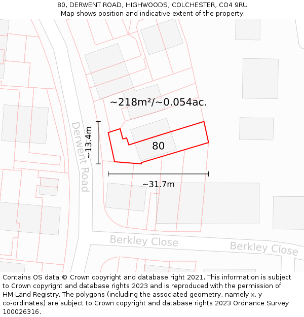 80, DERWENT ROAD, HIGHWOODS, COLCHESTER, CO4 9RU: Plot and title map