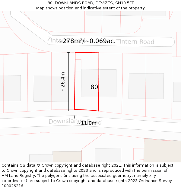 80, DOWNLANDS ROAD, DEVIZES, SN10 5EF: Plot and title map