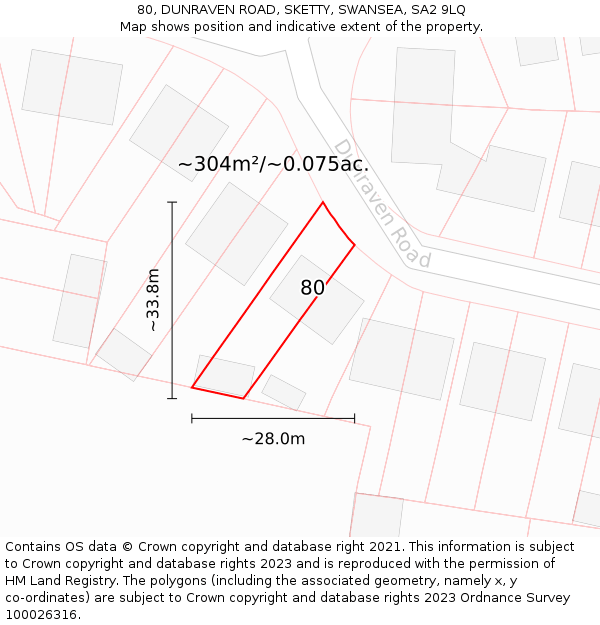 80, DUNRAVEN ROAD, SKETTY, SWANSEA, SA2 9LQ: Plot and title map