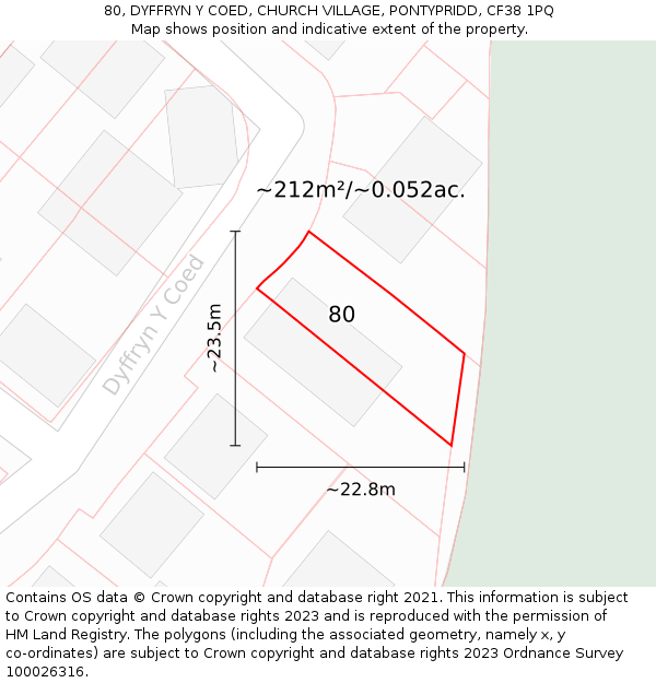 80, DYFFRYN Y COED, CHURCH VILLAGE, PONTYPRIDD, CF38 1PQ: Plot and title map