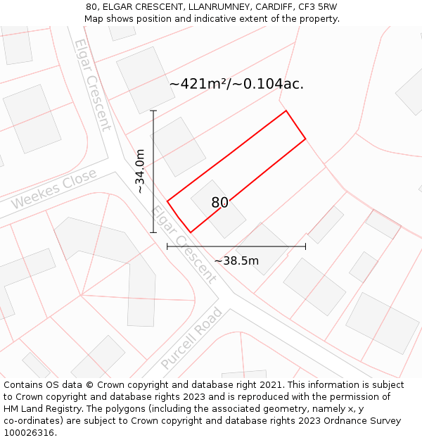 80, ELGAR CRESCENT, LLANRUMNEY, CARDIFF, CF3 5RW: Plot and title map