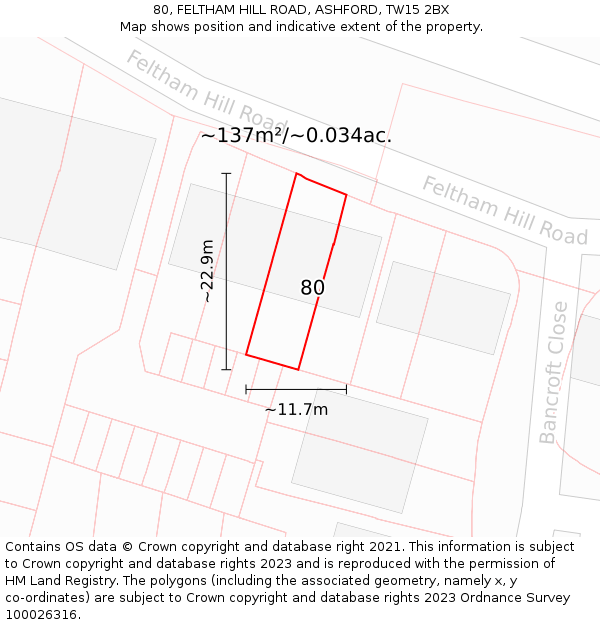 80, FELTHAM HILL ROAD, ASHFORD, TW15 2BX: Plot and title map