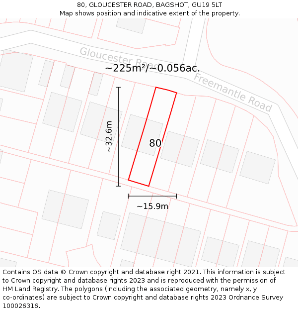 80, GLOUCESTER ROAD, BAGSHOT, GU19 5LT: Plot and title map