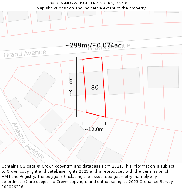 80, GRAND AVENUE, HASSOCKS, BN6 8DD: Plot and title map