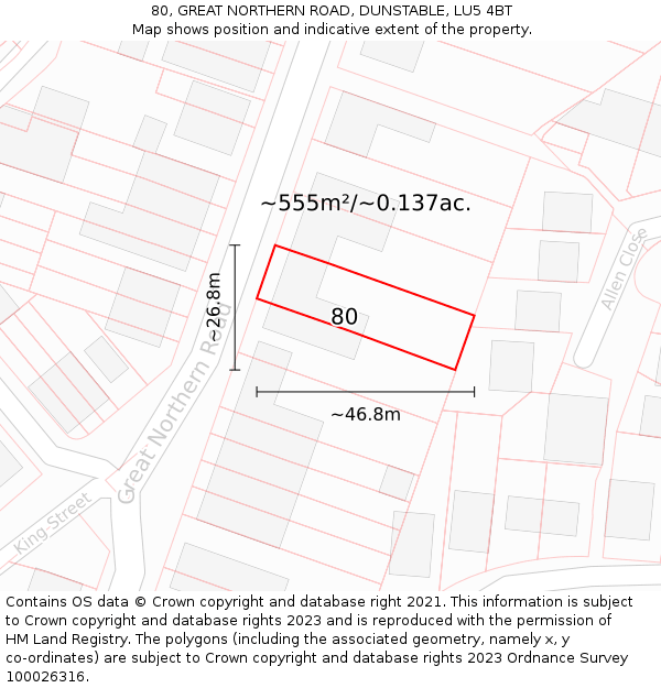 80, GREAT NORTHERN ROAD, DUNSTABLE, LU5 4BT: Plot and title map