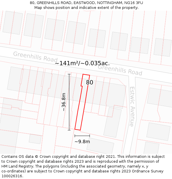 80, GREENHILLS ROAD, EASTWOOD, NOTTINGHAM, NG16 3FU: Plot and title map