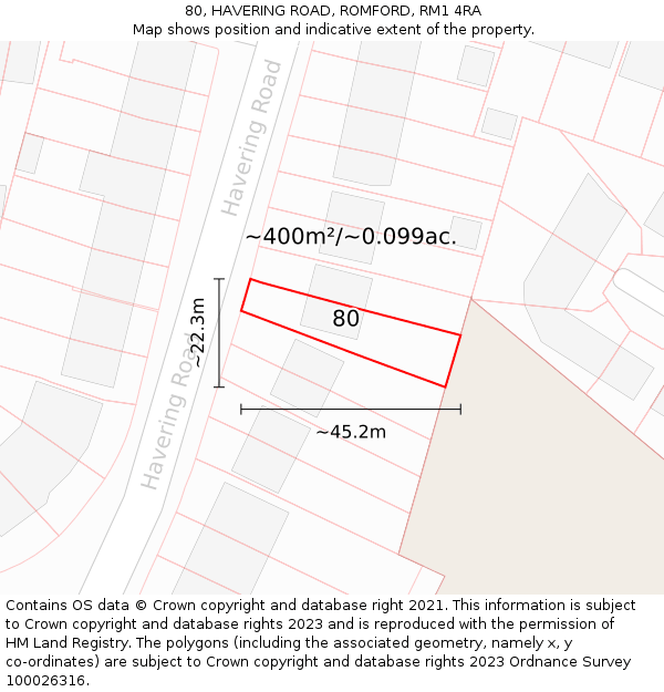 80, HAVERING ROAD, ROMFORD, RM1 4RA: Plot and title map