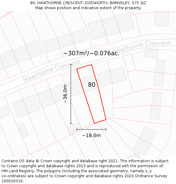 80, HAWTHORNE CRESCENT, DODWORTH, BARNSLEY, S75 3JZ: Plot and title map