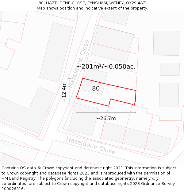 80, HAZELDENE CLOSE, EYNSHAM, WITNEY, OX29 4AZ: Plot and title map