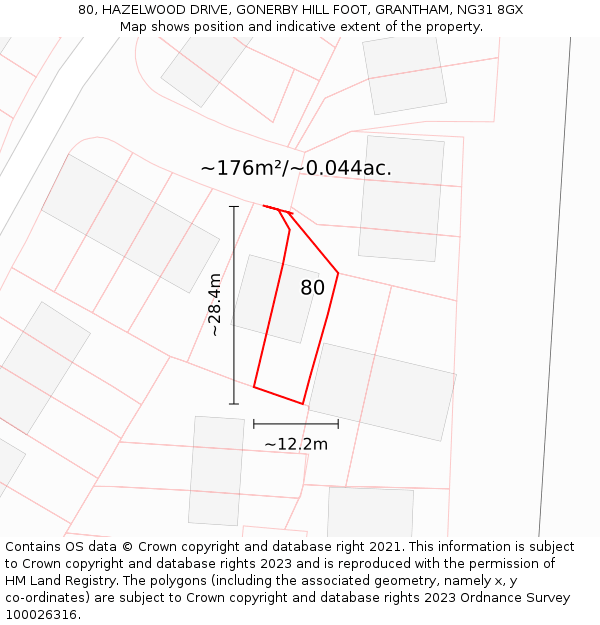 80, HAZELWOOD DRIVE, GONERBY HILL FOOT, GRANTHAM, NG31 8GX: Plot and title map