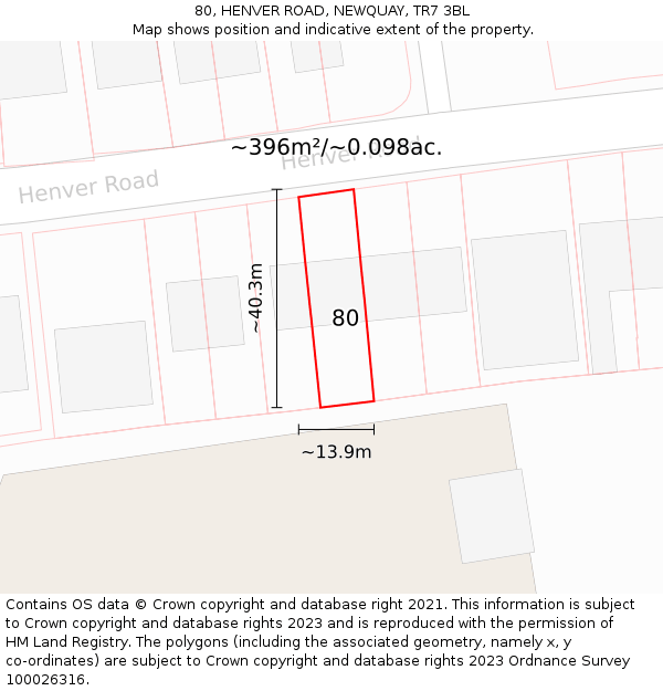 80, HENVER ROAD, NEWQUAY, TR7 3BL: Plot and title map