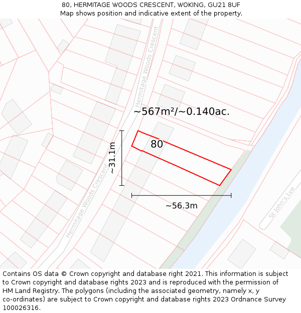 80, HERMITAGE WOODS CRESCENT, WOKING, GU21 8UF: Plot and title map