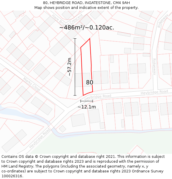 80, HEYBRIDGE ROAD, INGATESTONE, CM4 9AH: Plot and title map