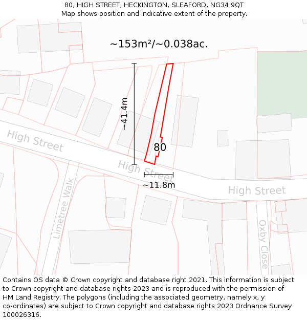 80, HIGH STREET, HECKINGTON, SLEAFORD, NG34 9QT: Plot and title map